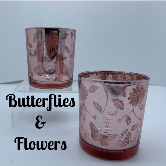 EUC 2 Candle Holders in Pink w/ Butterflies & Flowers for Votives or Tea Lights - Picture 3 of 3